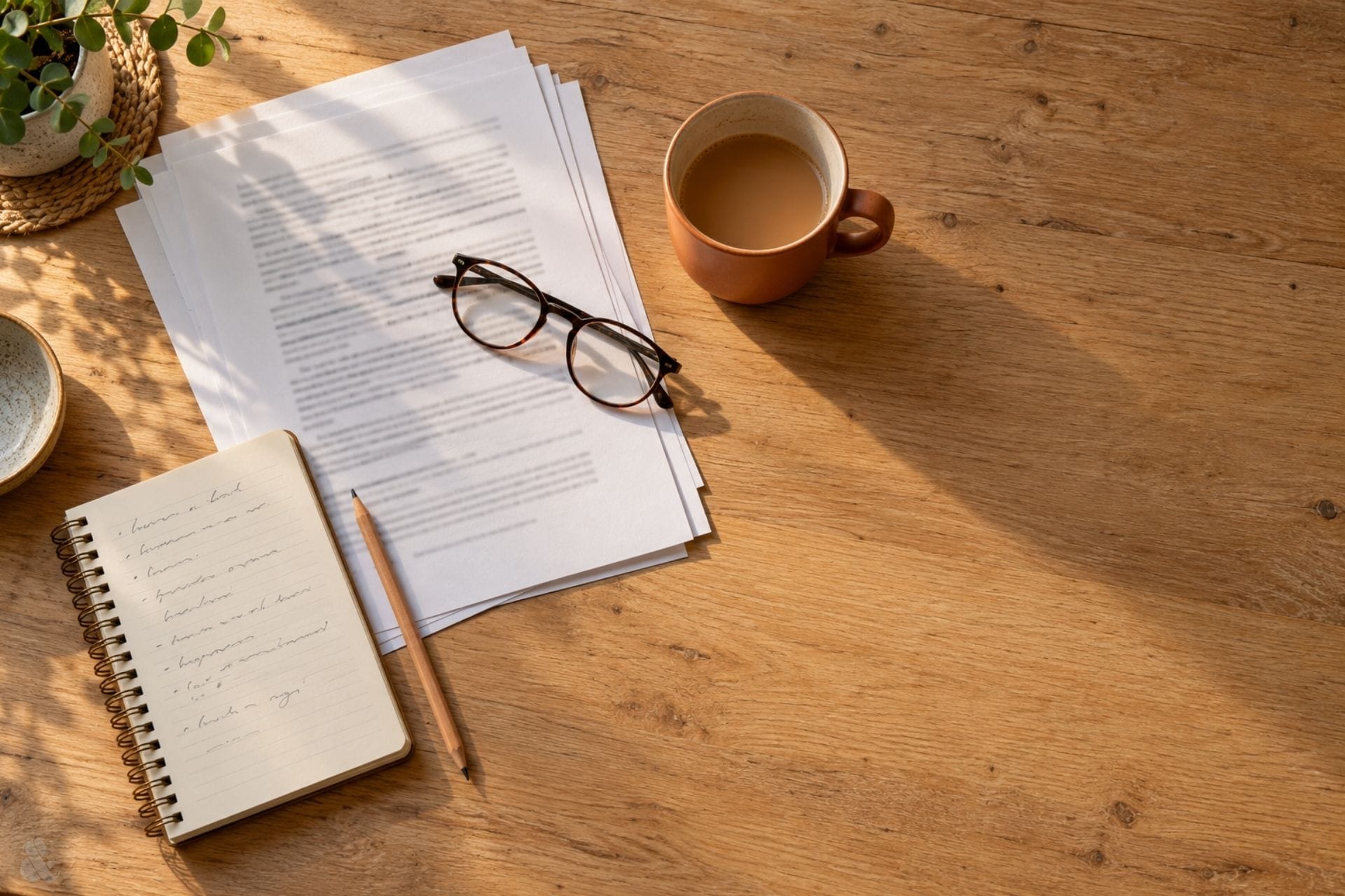 A printed will with reading glasses, a cup of tea and a handwritten notepad on a kitchen table